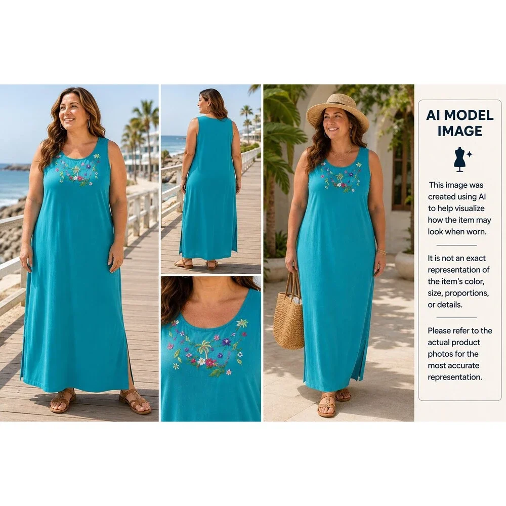 Teddi Women's 2X Turquoise Embroidered Sleeveless Maxi Dress NWT Plus Size